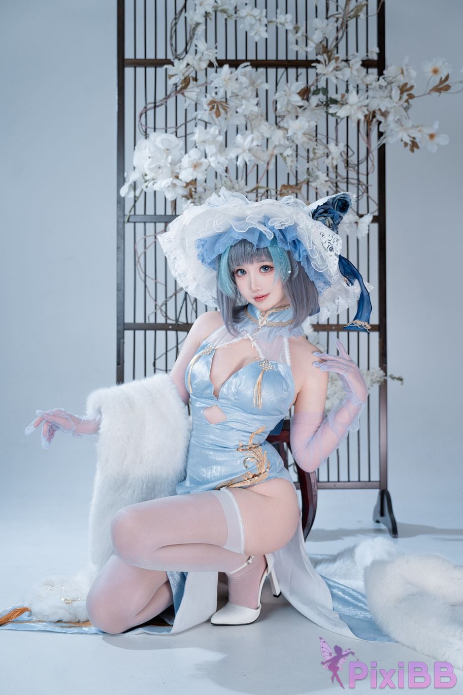Cosplayer Noodle Fairy azur lane Cheshire cat blue cheongsam PixiBB.COM 005