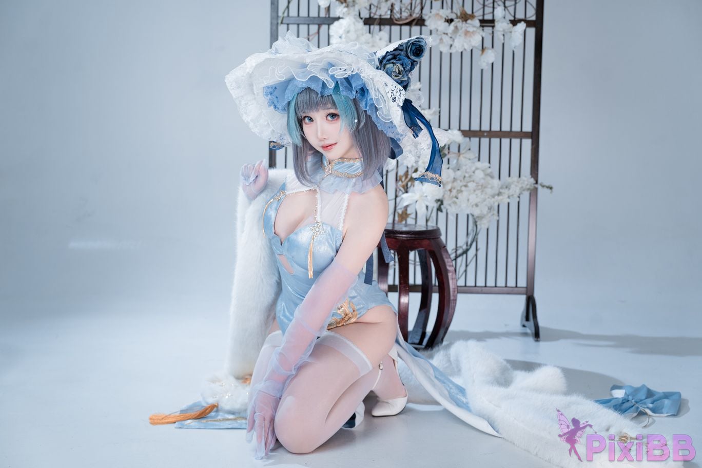 Cosplayer Noodle Fairy azur lane Cheshire cat blue cheongsam PixiBB.COM 007