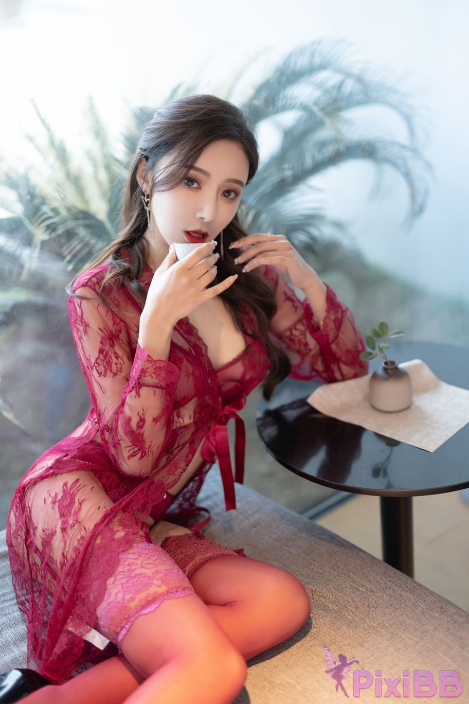 No watermark for in app purchases Wang Xinyao Yanni Burgundy sexy suit PixiBB.COM 007