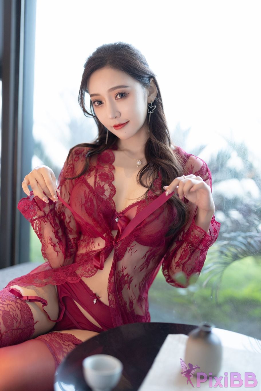 No watermark for in app purchases Wang Xinyao Yanni Burgundy sexy suit PixiBB.COM 008