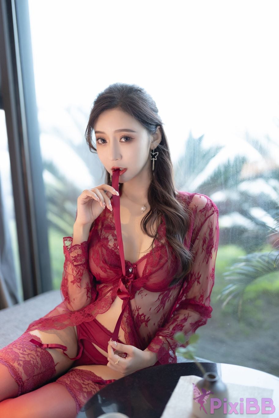 No watermark for in app purchases Wang Xinyao Yanni Burgundy sexy suit PixiBB.COM 009