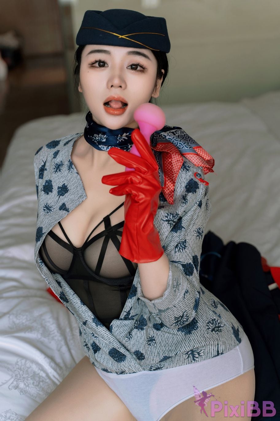 No watermark for in app purchases Xixi loves eating strawberries blue and white stewardess uniform PixiBB.COM 003