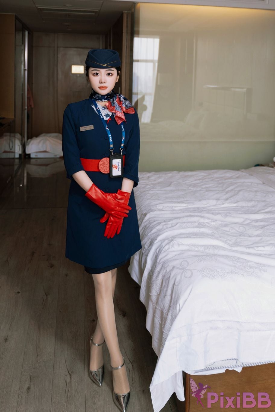 No watermark for in app purchases Xixi loves eating strawberries blue and white stewardess uniform PixiBB.COM 006