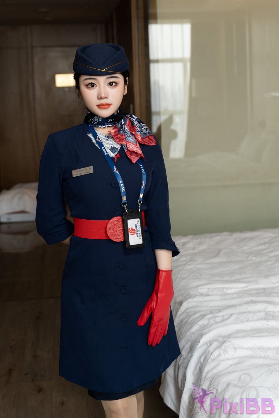 No watermark for in app purchases Xixi loves eating strawberries blue and white stewardess uniform PixiBB.COM 007