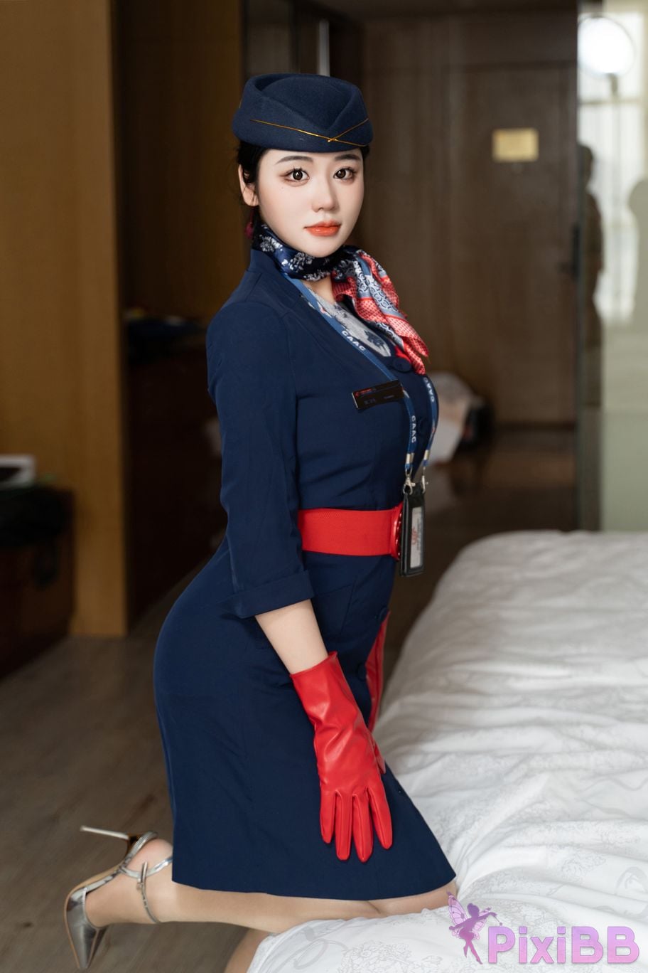 No watermark for in app purchases Xixi loves eating strawberries blue and white stewardess uniform PixiBB.COM 008