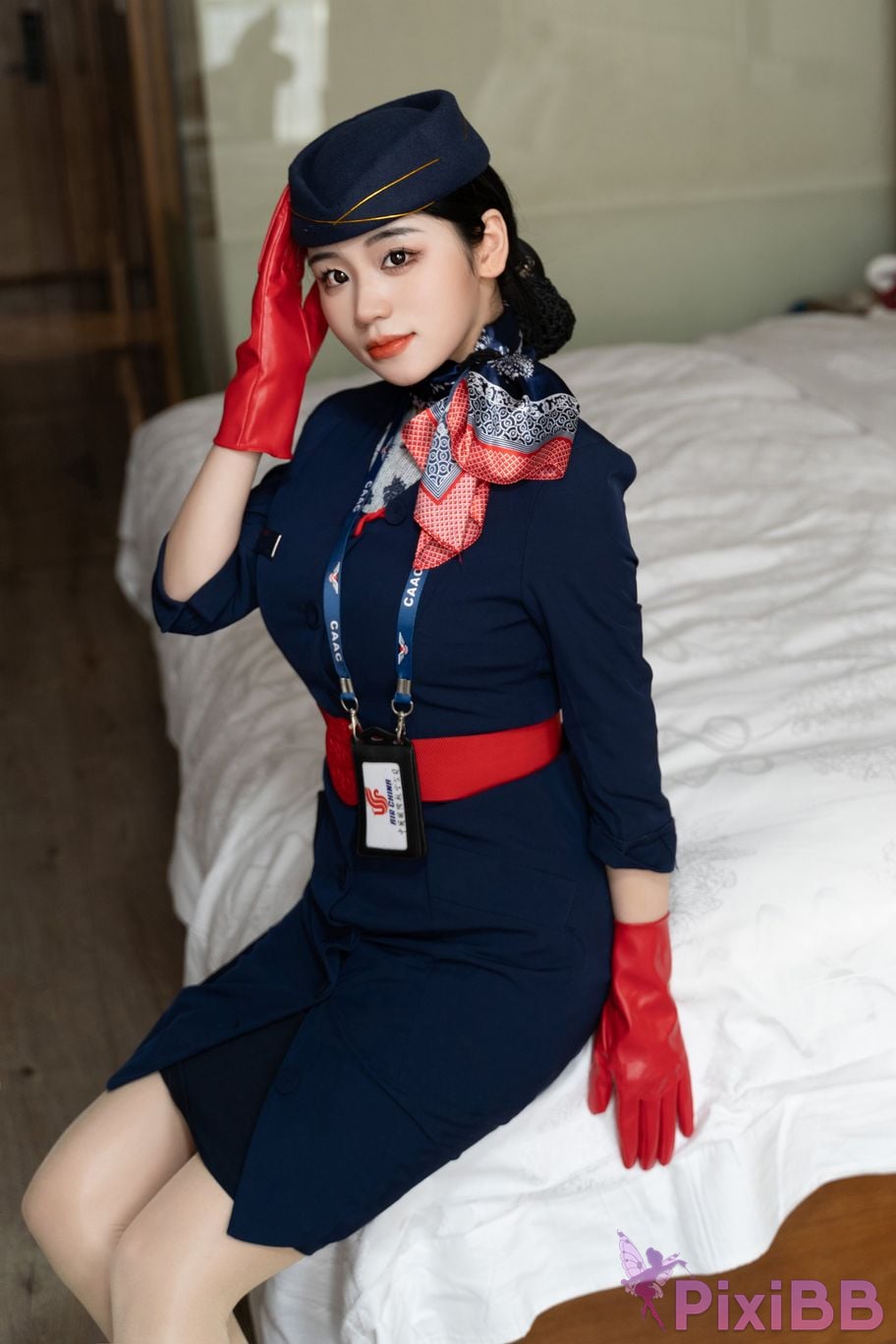 No watermark for in app purchases Xixi loves eating strawberries blue and white stewardess uniform PixiBB.COM 009