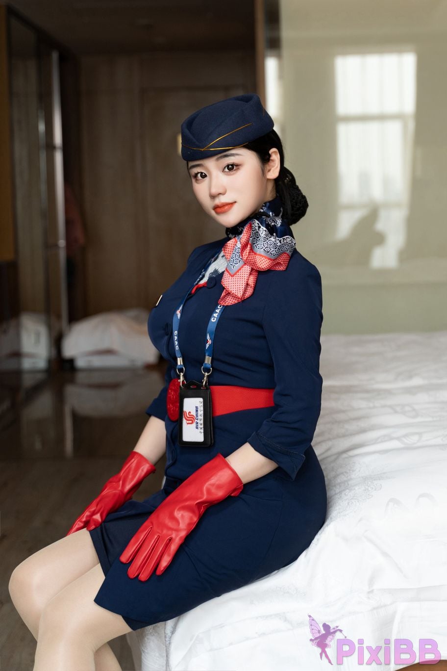 No watermark for in app purchases Xixi loves eating strawberries blue and white stewardess uniform PixiBB.COM 011