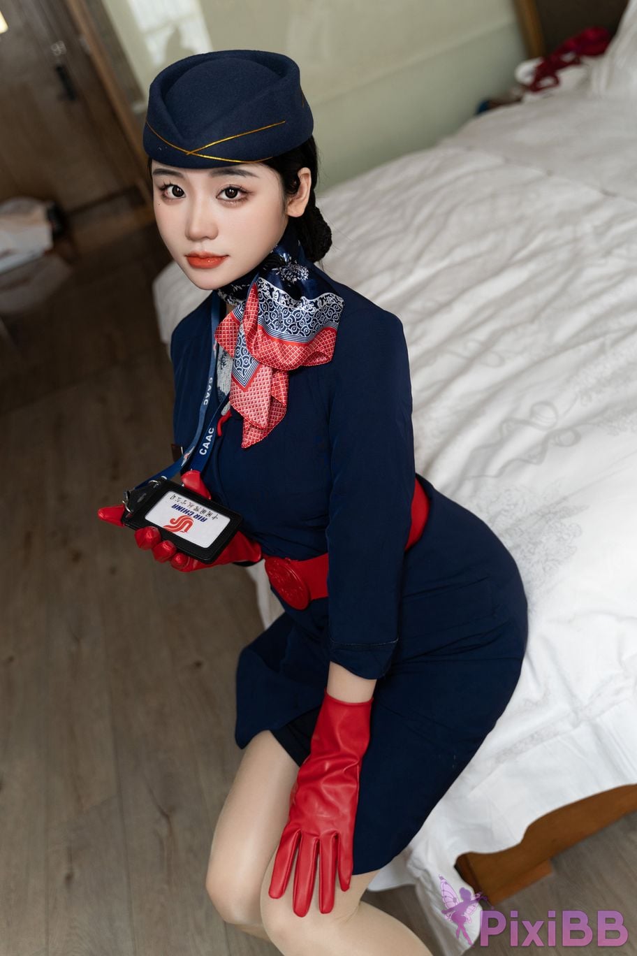 No watermark for in app purchases Xixi loves eating strawberries blue and white stewardess uniform PixiBB.COM 012