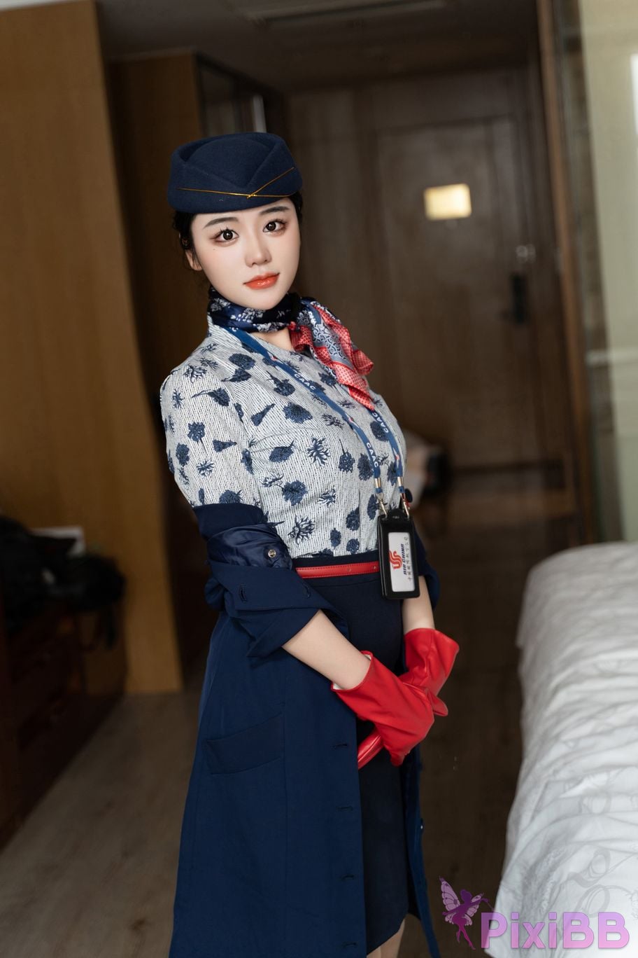 No watermark for in app purchases Xixi loves eating strawberries blue and white stewardess uniform PixiBB.COM 013