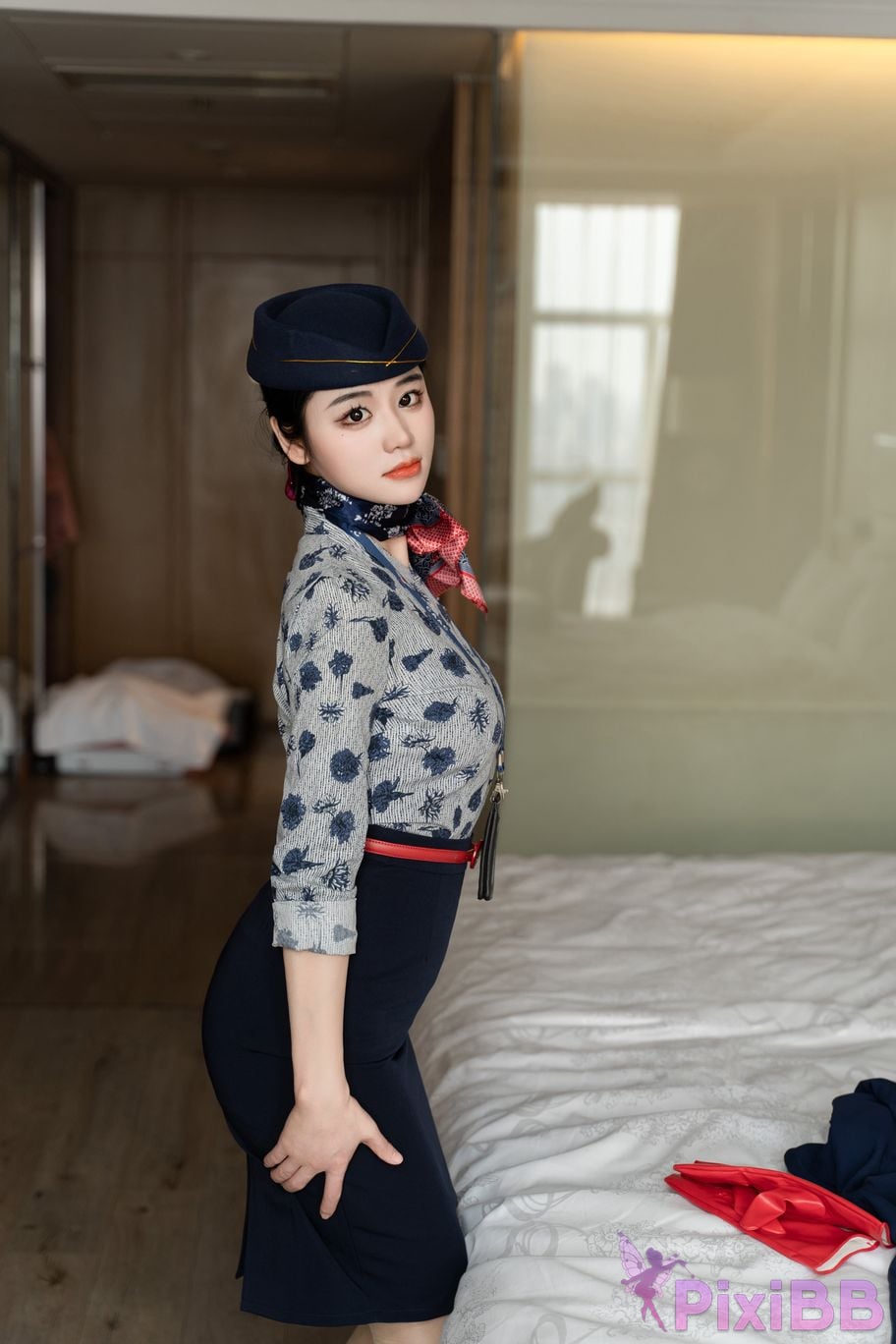 No watermark for in app purchases Xixi loves eating strawberries blue and white stewardess uniform PixiBB.COM 014