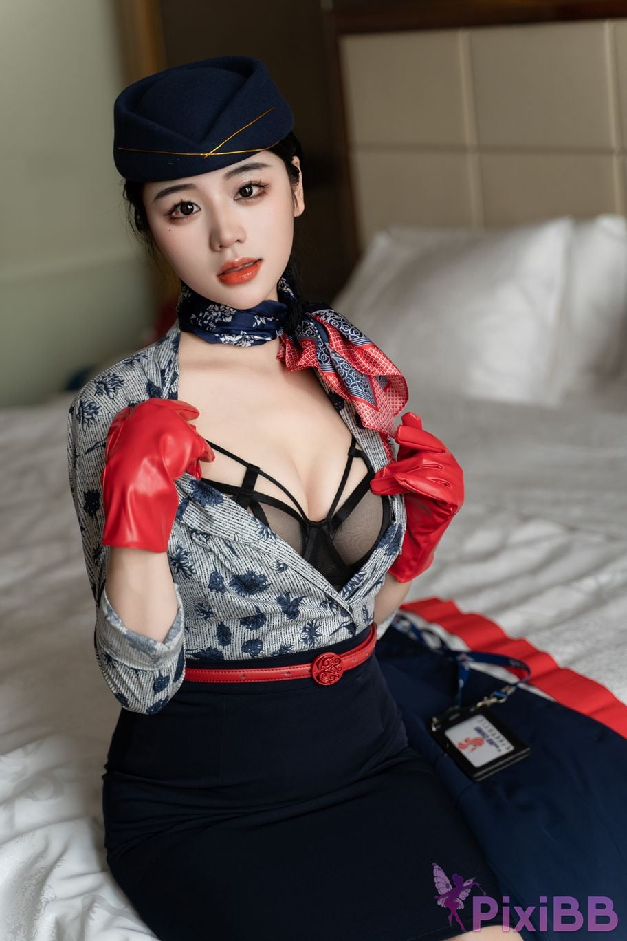 No watermark for in app purchases Xixi loves eating strawberries blue and white stewardess uniform PixiBB.COM 015