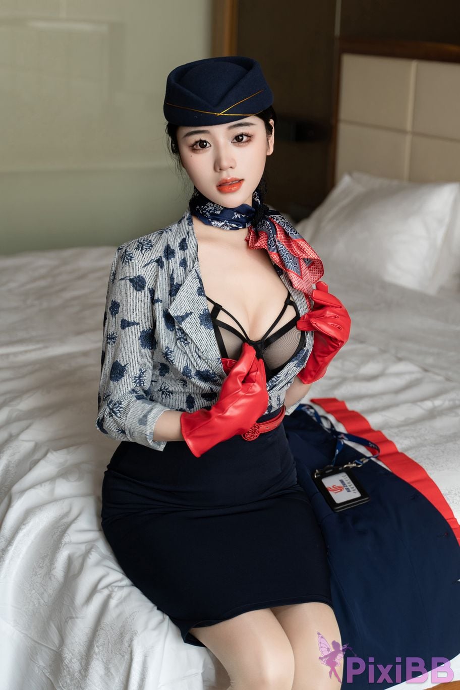No watermark for in app purchases Xixi loves eating strawberries blue and white stewardess uniform PixiBB.COM 016