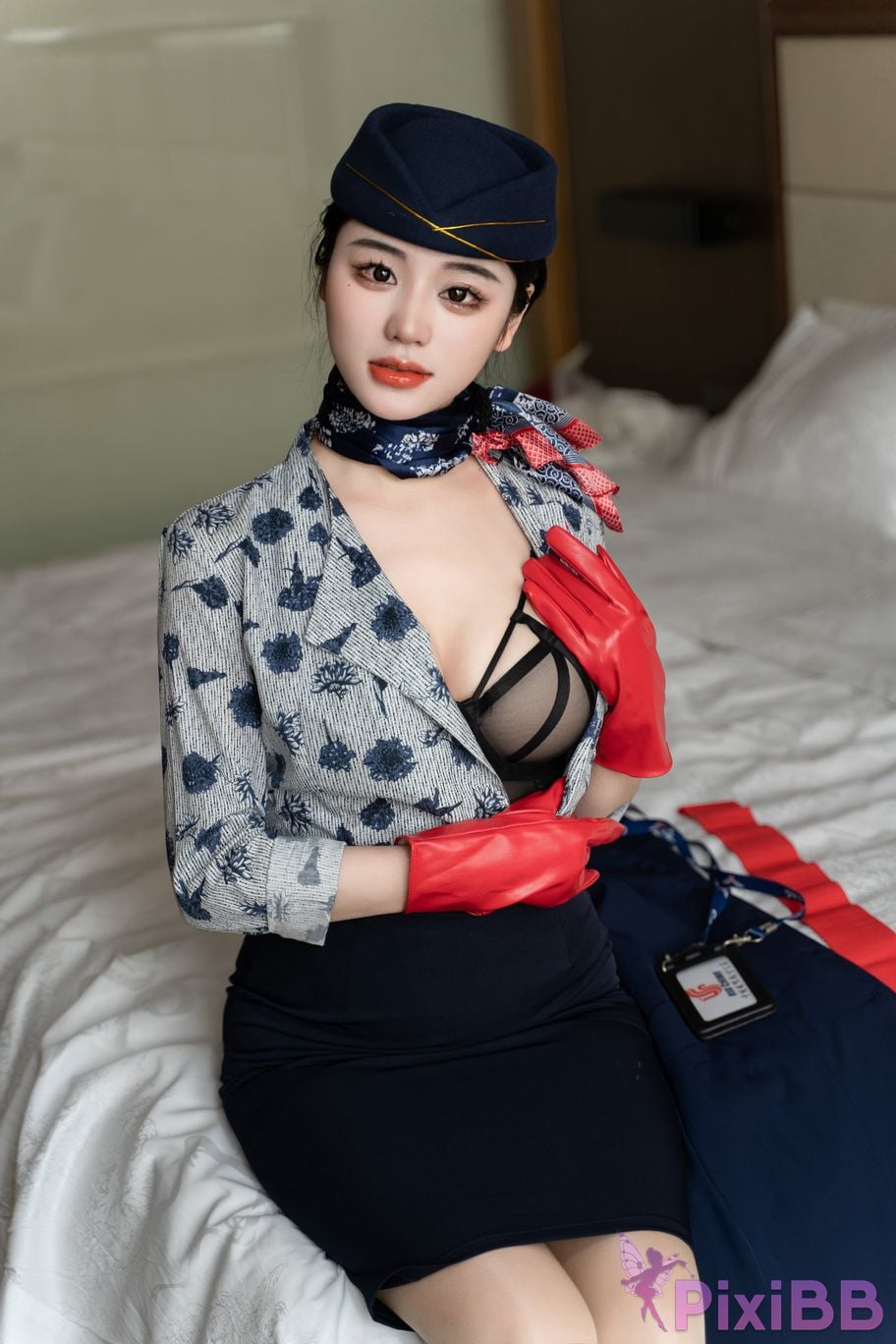 No watermark for in app purchases Xixi loves eating strawberries blue and white stewardess uniform PixiBB.COM 017