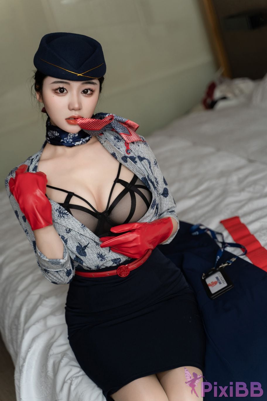 No watermark for in app purchases Xixi loves eating strawberries blue and white stewardess uniform PixiBB.COM 018