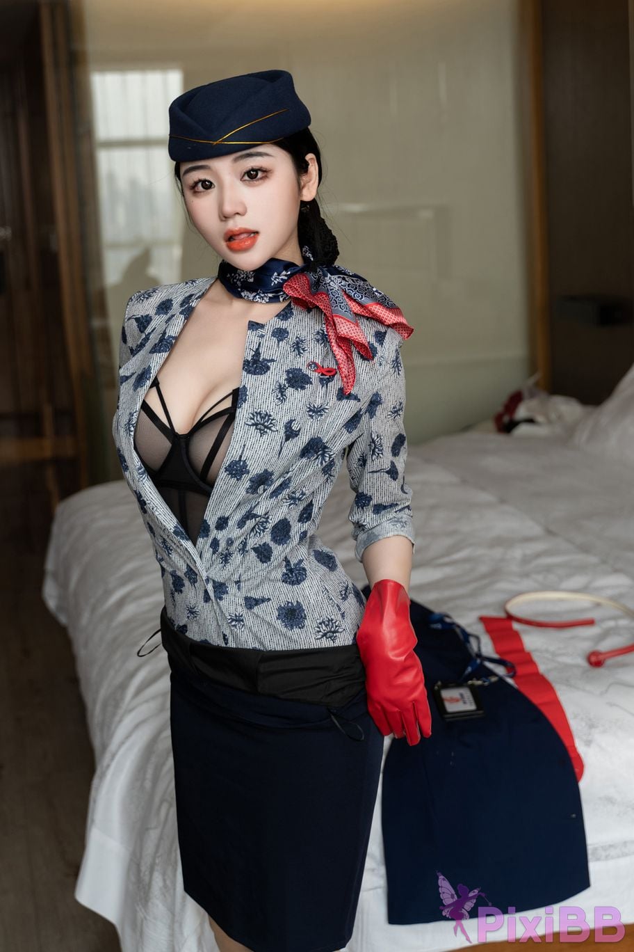 No watermark for in app purchases Xixi loves eating strawberries blue and white stewardess uniform PixiBB.COM 020
