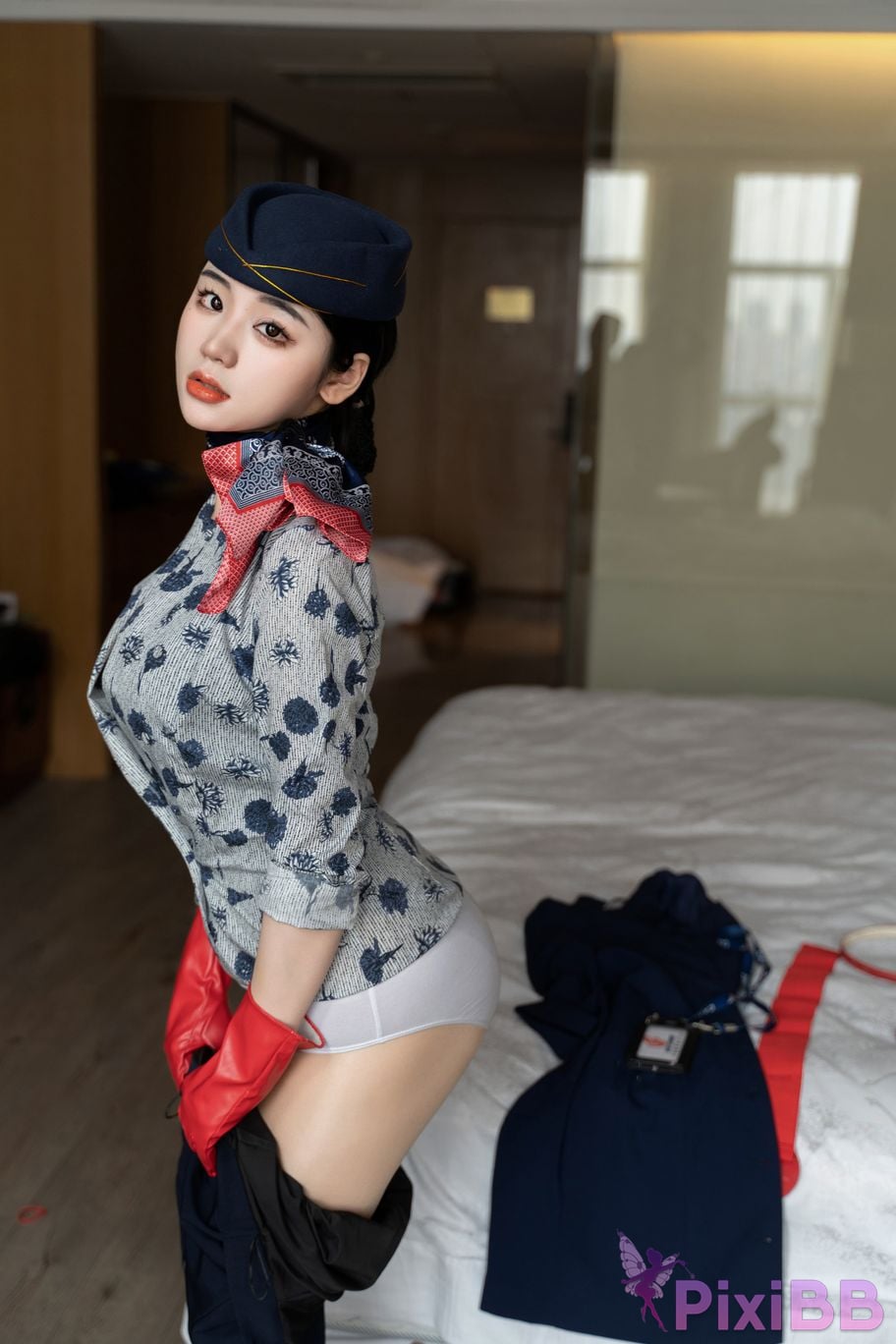 No watermark for in app purchases Xixi loves eating strawberries blue and white stewardess uniform PixiBB.COM 021