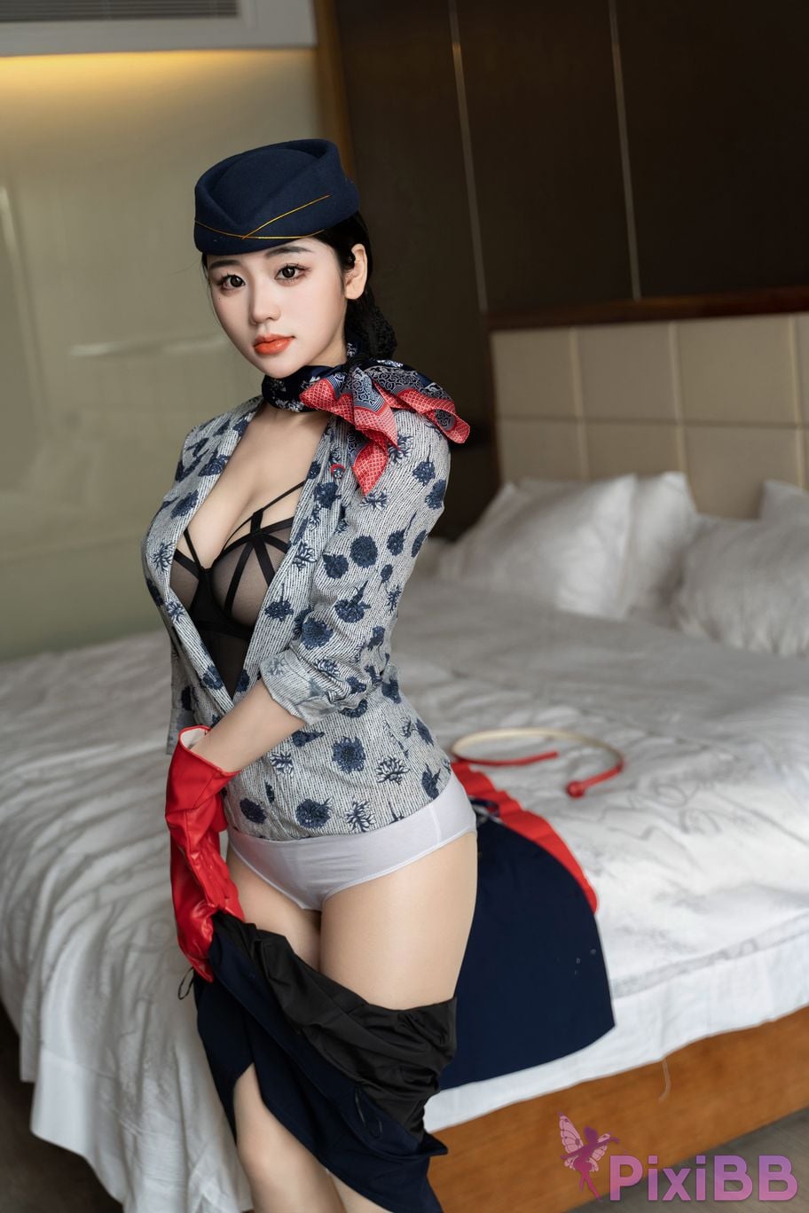 No watermark for in app purchases Xixi loves eating strawberries blue and white stewardess uniform PixiBB.COM 022