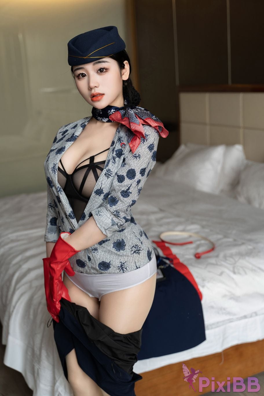No watermark for in app purchases Xixi loves eating strawberries blue and white stewardess uniform PixiBB.COM 023