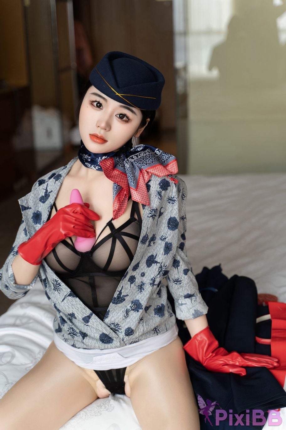 No watermark for in app purchases Xixi loves eating strawberries blue and white stewardess uniform PixiBB.COM 038