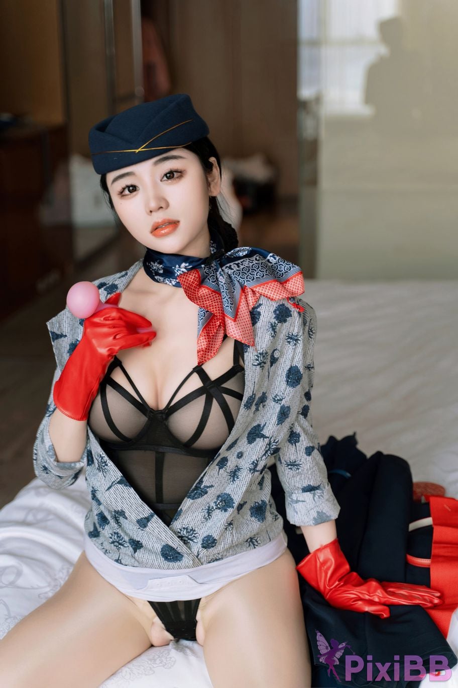 No watermark for in app purchases Xixi loves eating strawberries blue and white stewardess uniform PixiBB.COM 039