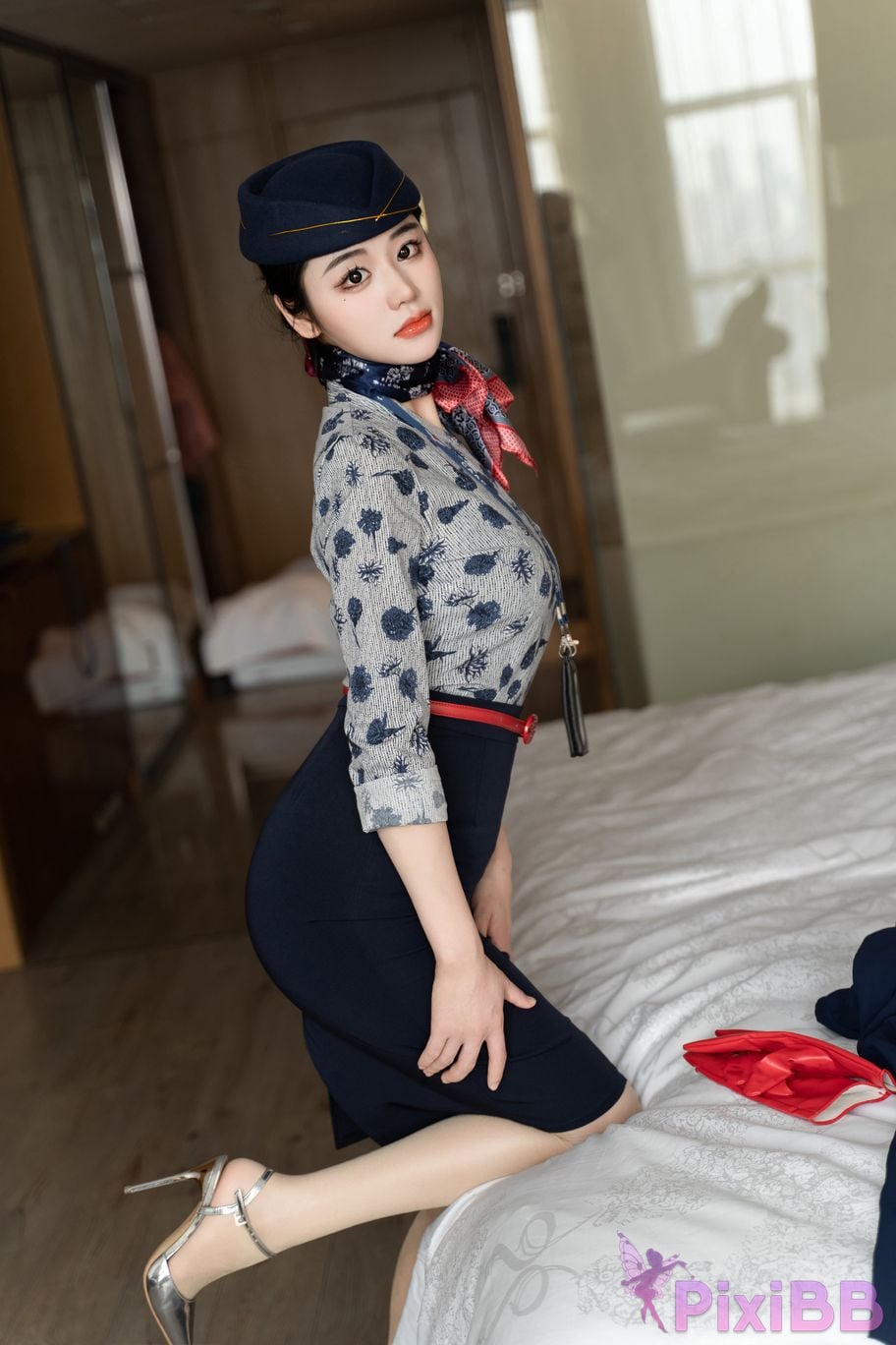 No watermark for in app purchases Xixi loves eating strawberries blue and white stewardess uniform PixiBB.COM 066