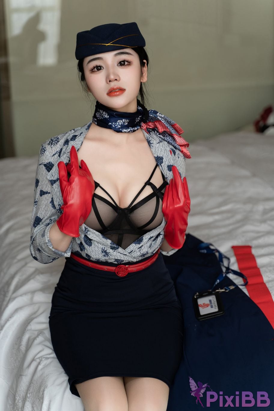 No watermark for in app purchases Xixi loves eating strawberries blue and white stewardess uniform PixiBB.COM 067