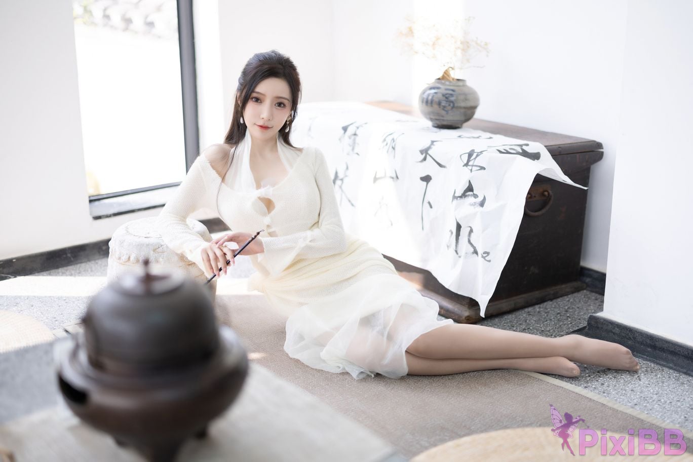 No watermark for in app purchases Wang Xinyao Yanni white dress calligraphy and painting PixiBB.COM 003