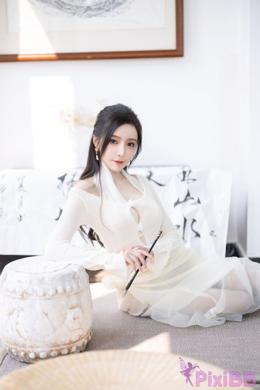 No watermark for in app purchases Wang Xinyao Yanni white dress calligraphy and painting PixiBB.COM 004