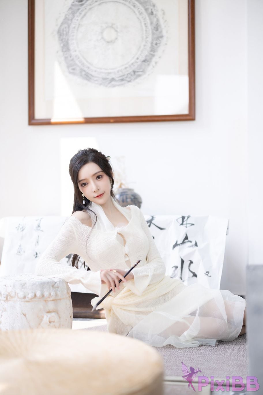 No watermark for in app purchases Wang Xinyao Yanni white dress calligraphy and painting PixiBB.COM 005
