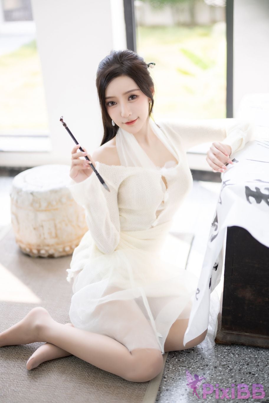 No watermark for in app purchases Wang Xinyao Yanni white dress calligraphy and painting PixiBB.COM 007
