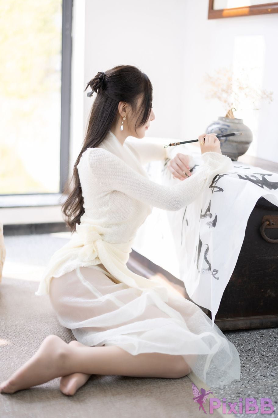 No watermark for in app purchases Wang Xinyao Yanni white dress calligraphy and painting PixiBB.COM 009