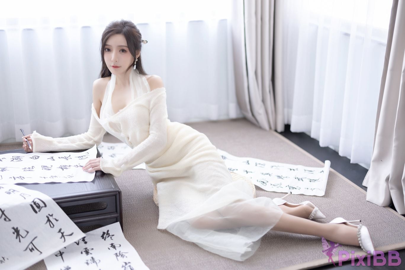 No watermark for in app purchases Wang Xinyao Yanni white dress calligraphy and painting PixiBB.COM 022