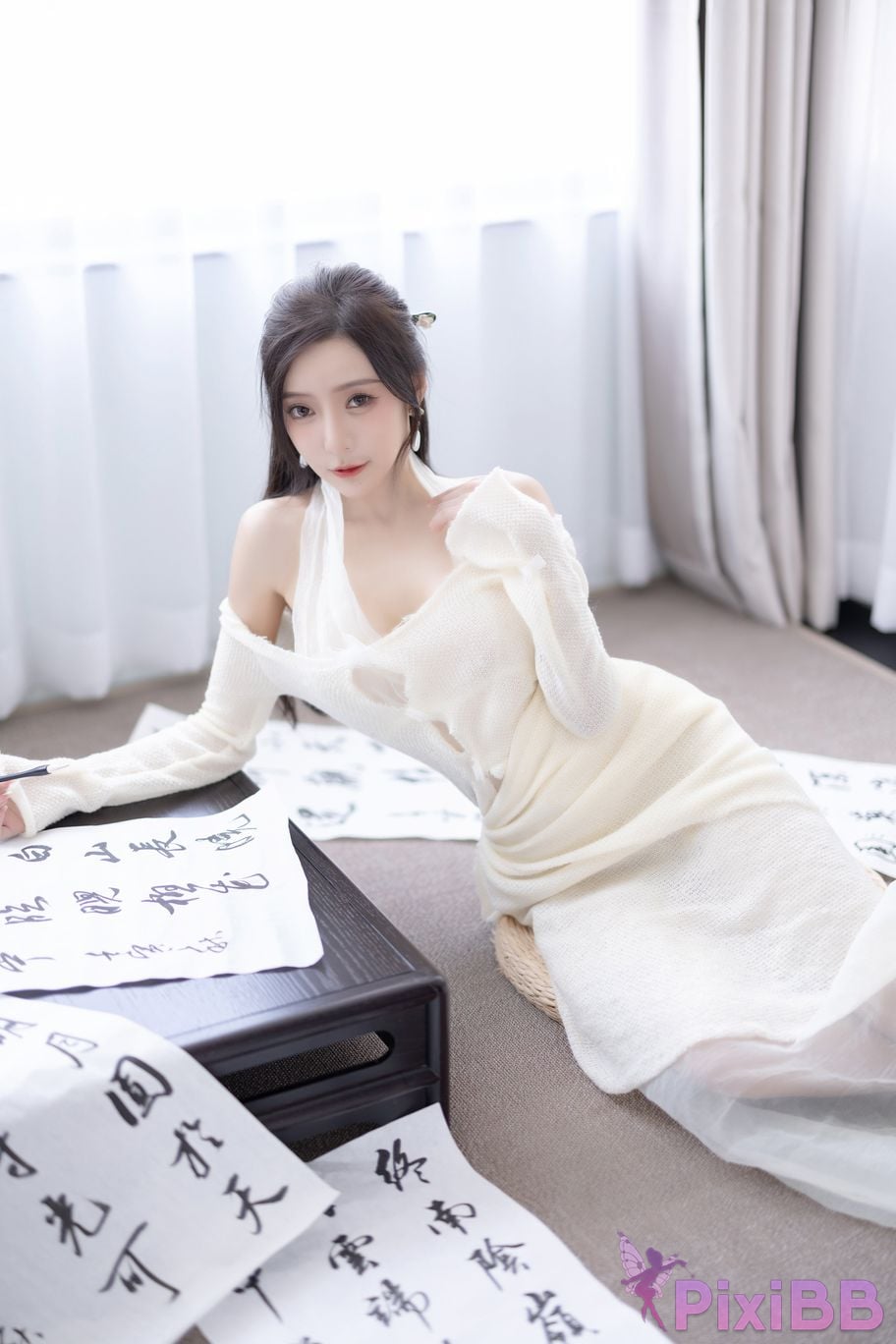 No watermark for in app purchases Wang Xinyao Yanni white dress calligraphy and painting PixiBB.COM 023