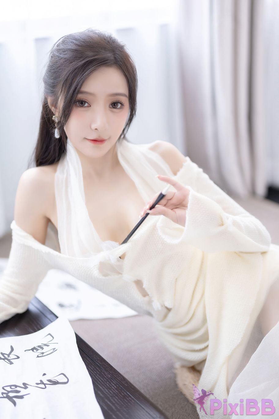 No watermark for in app purchases Wang Xinyao Yanni white dress calligraphy and painting PixiBB.COM 028