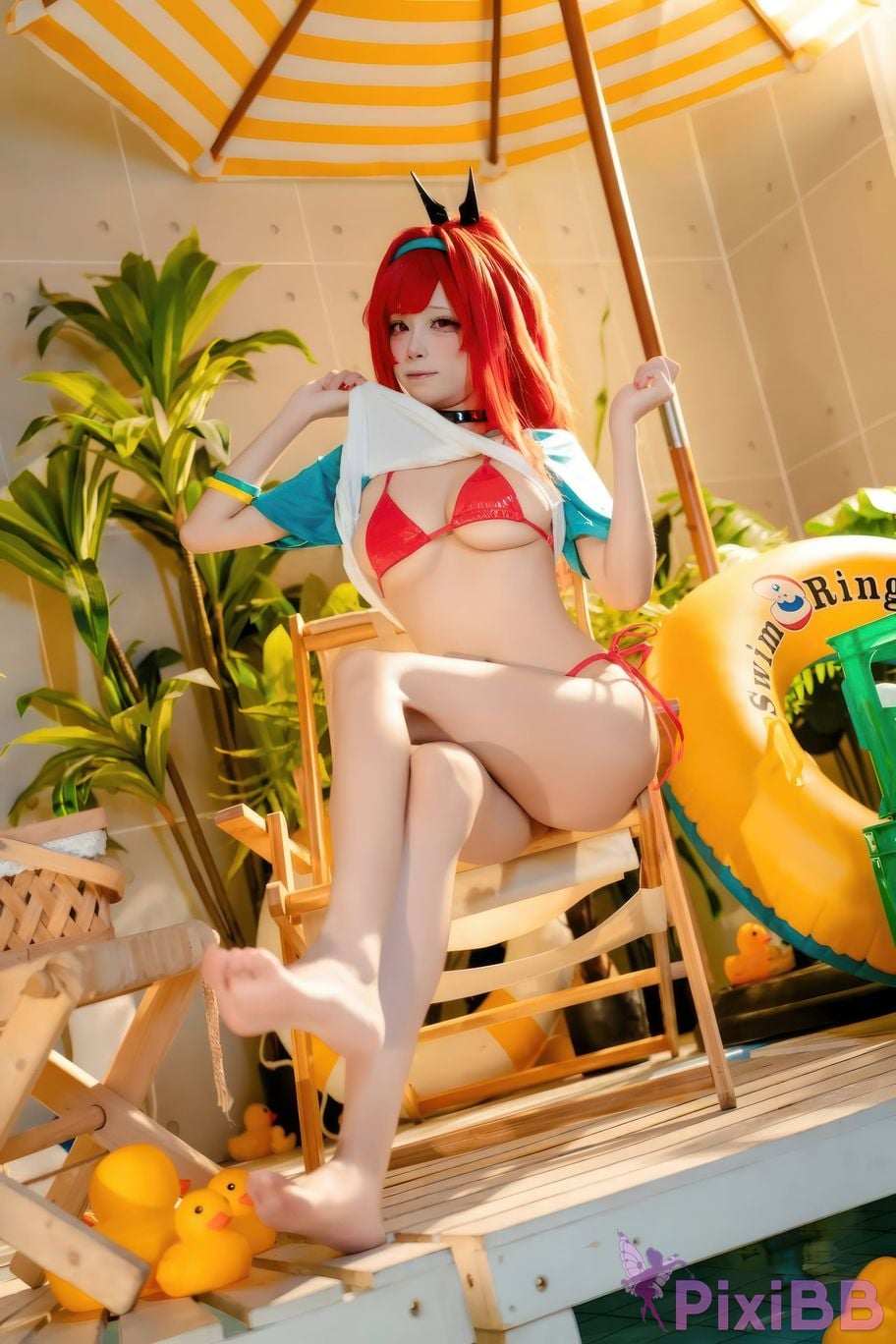 Cosplayer san wu ren xing Nikke rabbi swimsuit red style PixiBB.COM 001