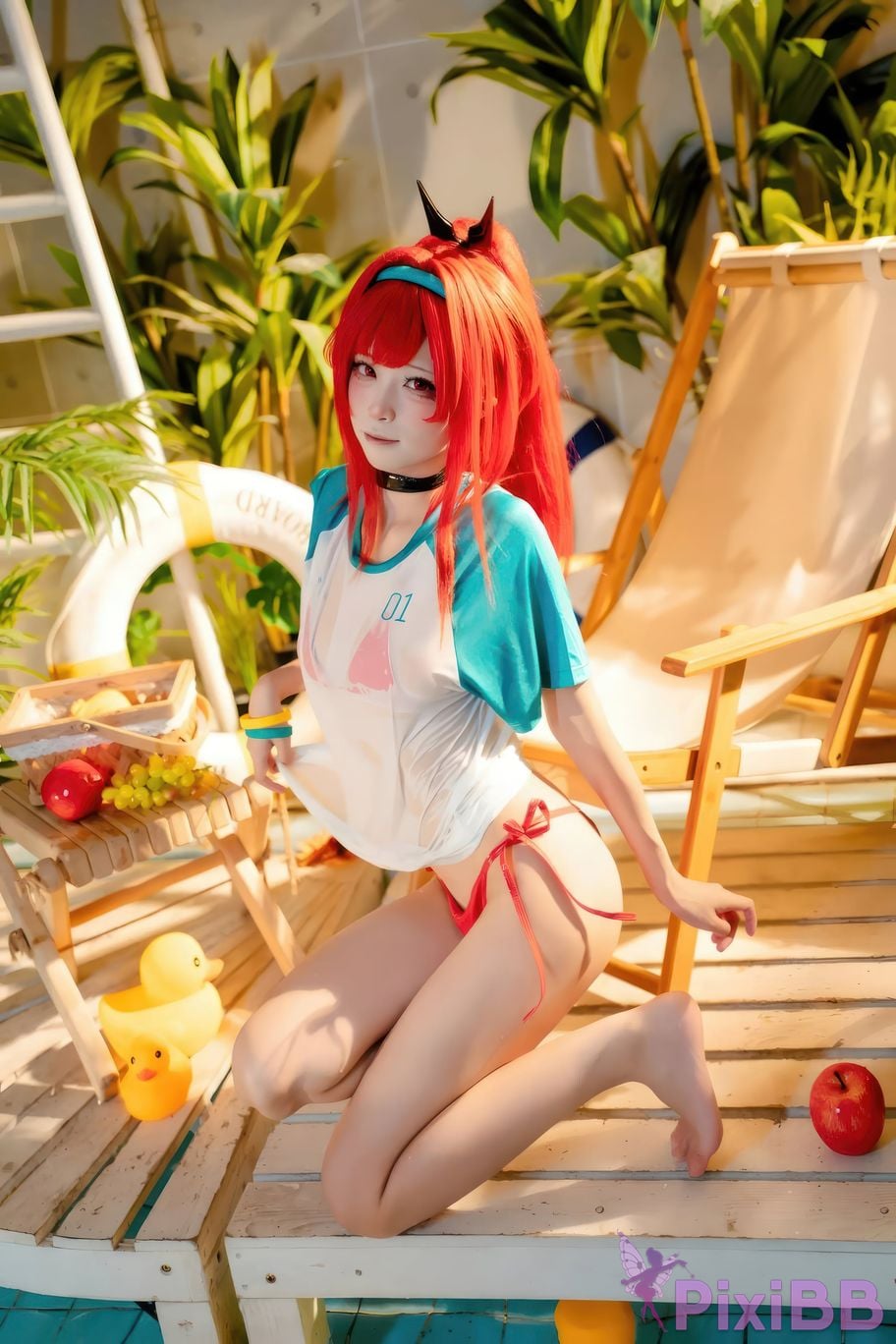 Cosplayer san wu ren xing Nikke rabbi swimsuit red style PixiBB.COM 003