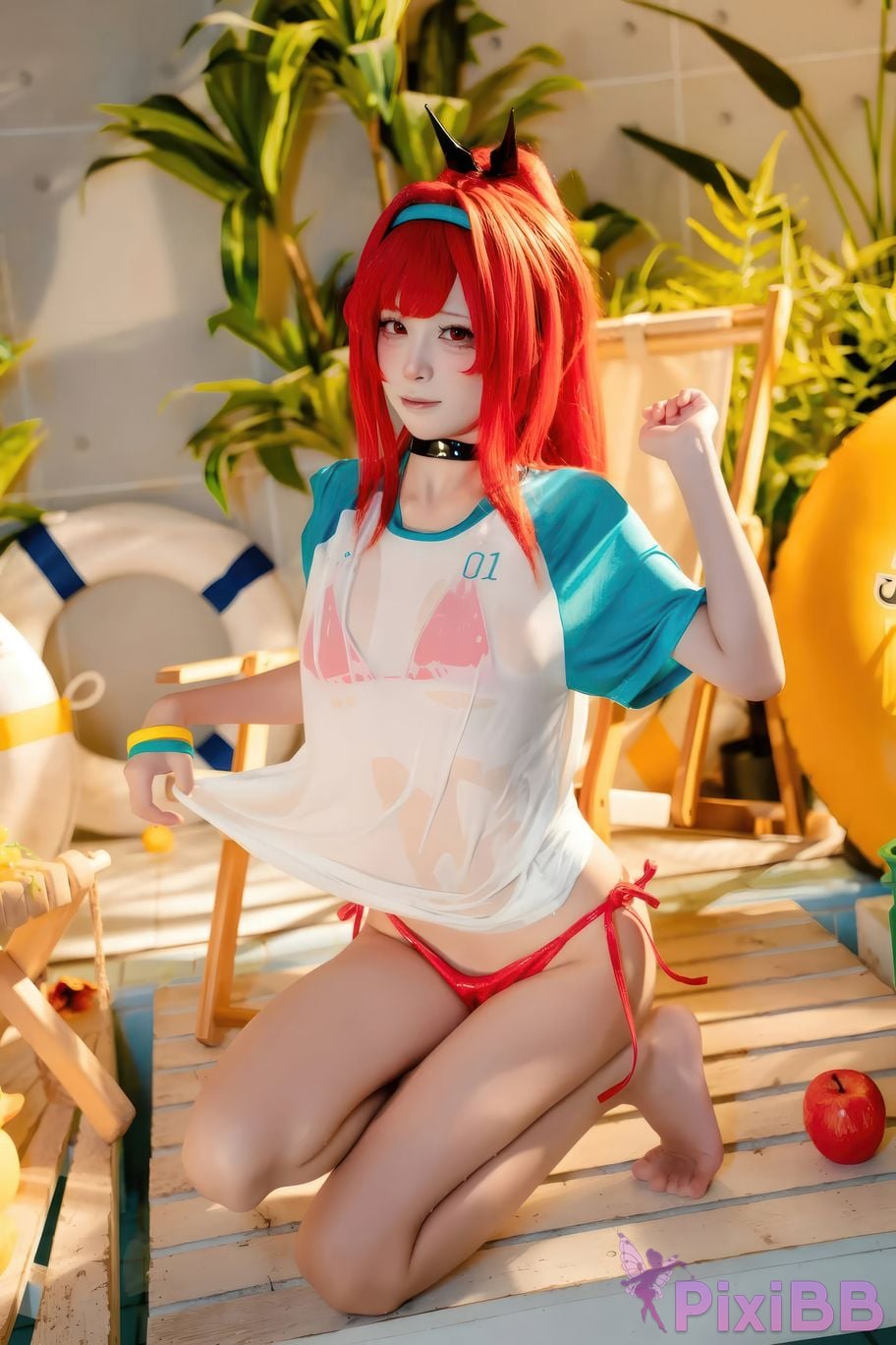 Cosplayer san wu ren xing Nikke rabbi swimsuit red style PixiBB.COM 004