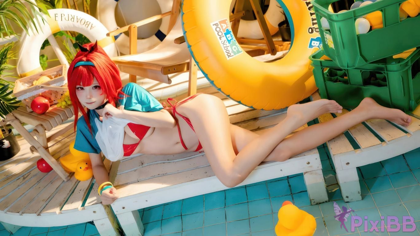 Cosplayer san wu ren xing Nikke rabbi swimsuit red style PixiBB.COM 005