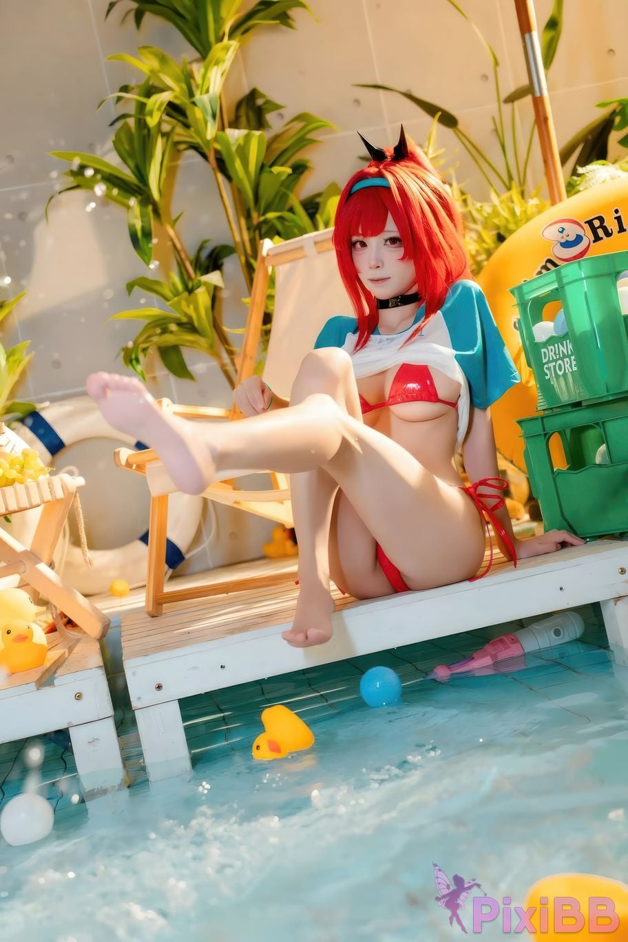 Cosplayer san wu ren xing Nikke rabbi swimsuit red style PixiBB.COM 008