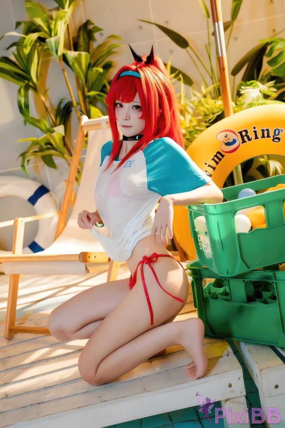 Cosplayer san wu ren xing Nikke rabbi swimsuit red style PixiBB.COM 009