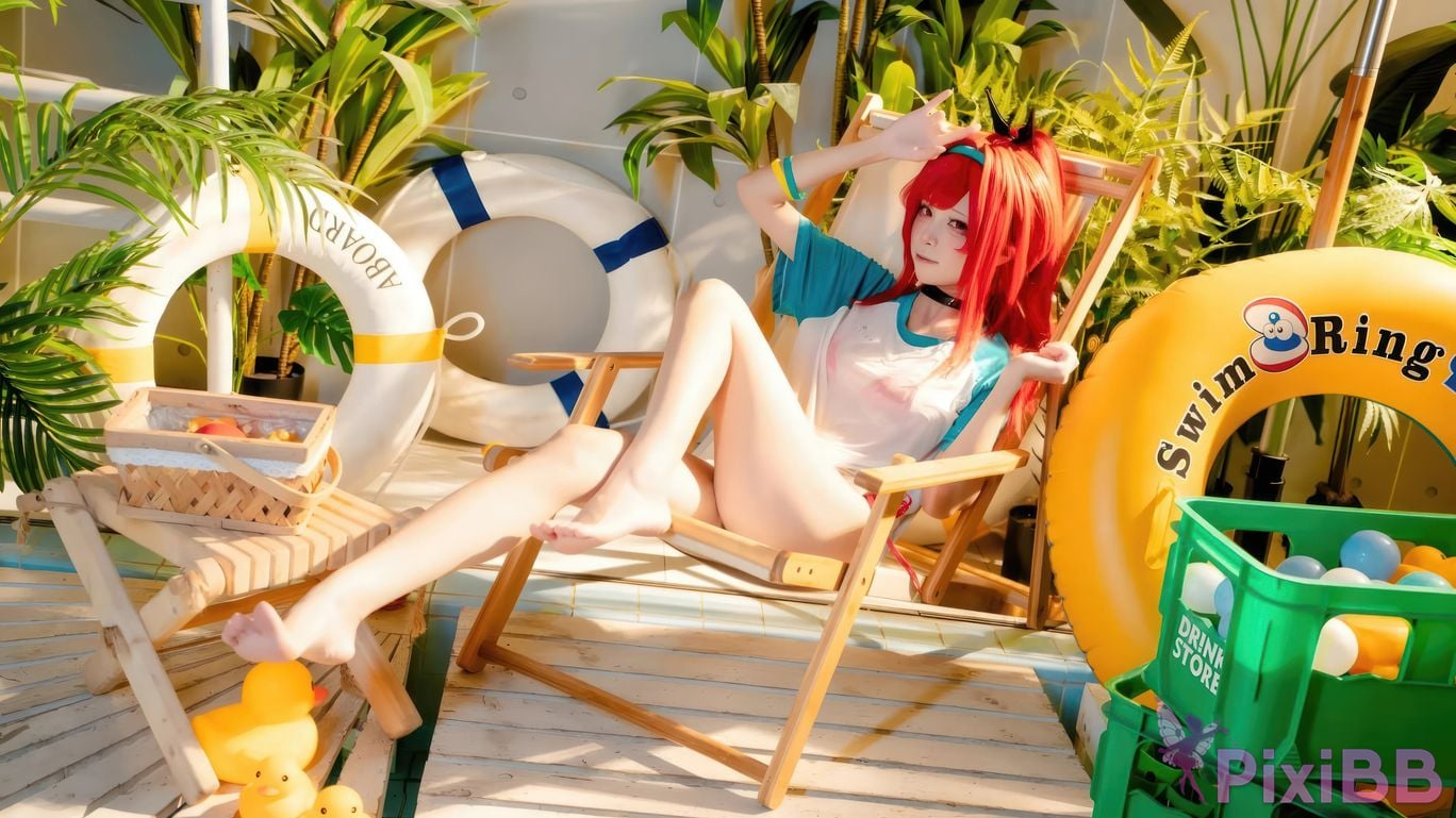 Cosplayer san wu ren xing Nikke rabbi swimsuit red style PixiBB.COM 011