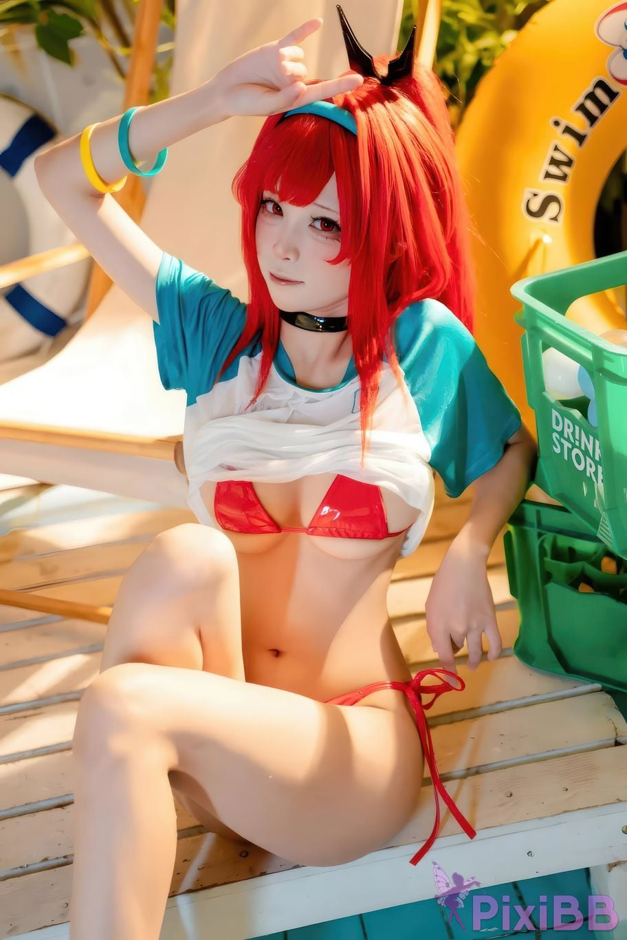 Cosplayer san wu ren xing Nikke rabbi swimsuit red style PixiBB.COM 012