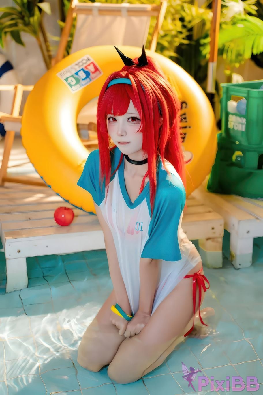 Cosplayer san wu ren xing Nikke rabbi swimsuit red style PixiBB.COM 019
