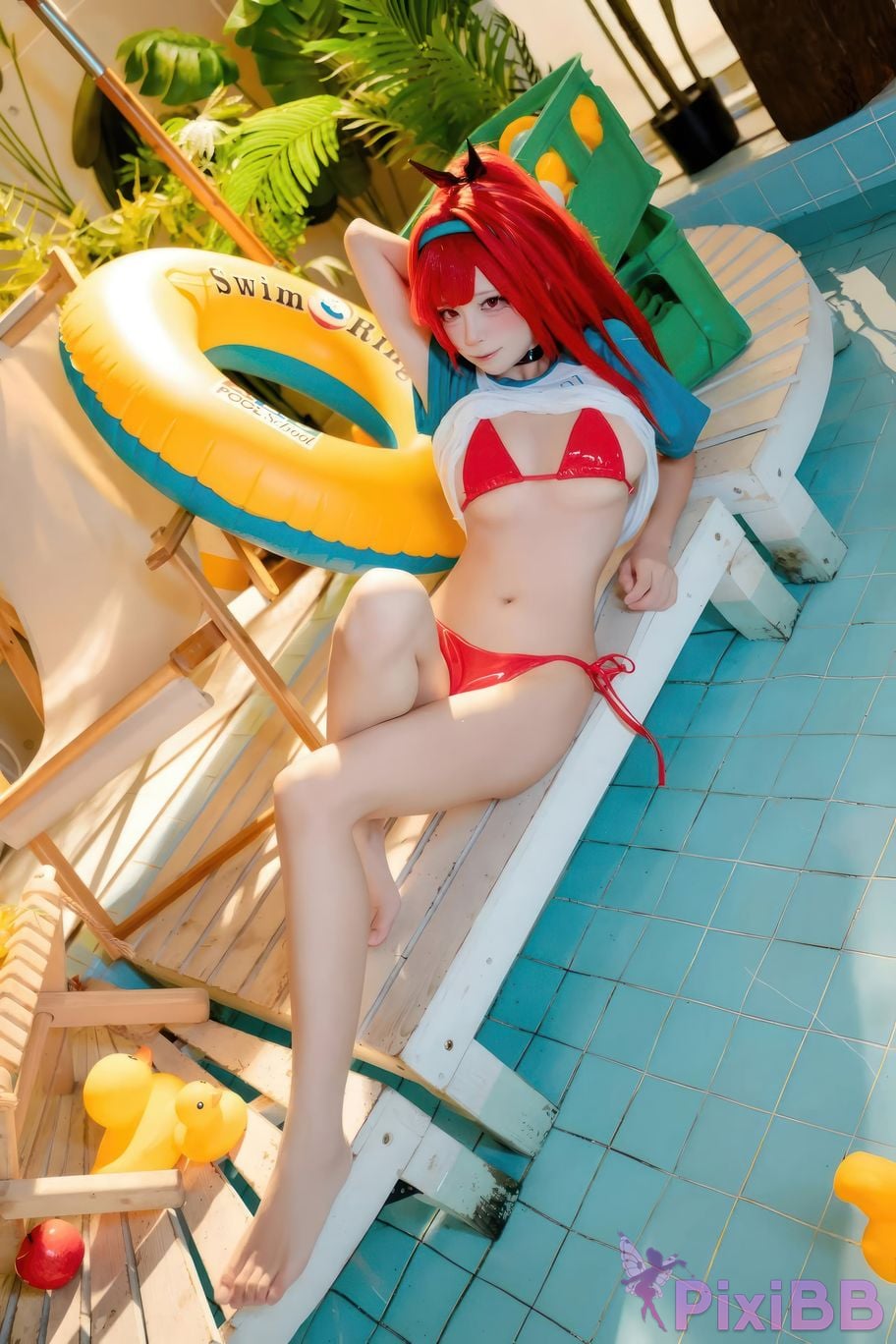 Cosplayer san wu ren xing Nikke rabbi swimsuit red style PixiBB.COM 020