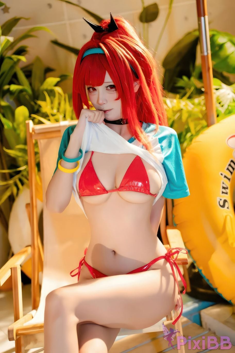 Cosplayer san wu ren xing Nikke rabbi swimsuit red style PixiBB.COM 026