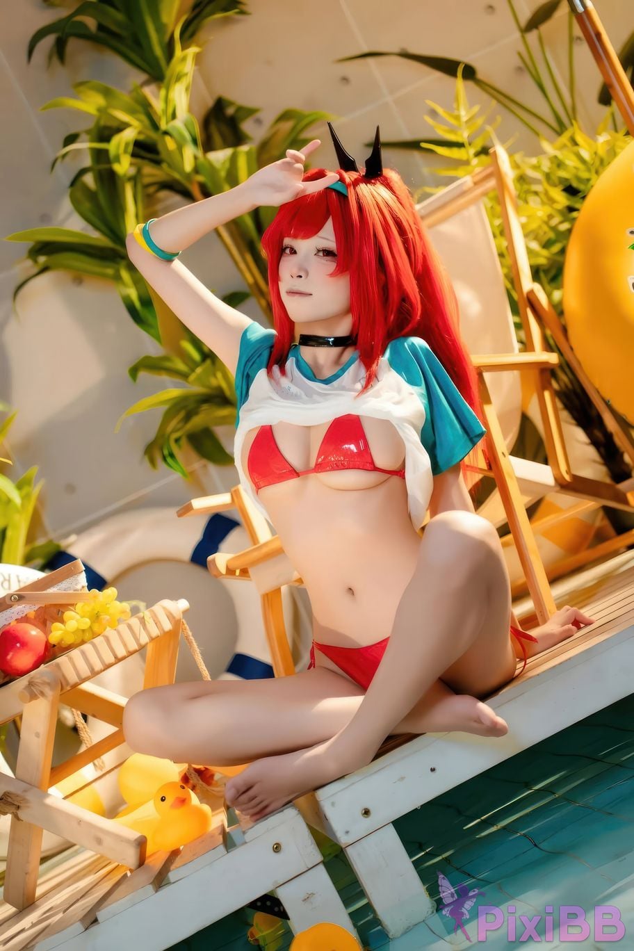 Cosplayer san wu ren xing Nikke rabbi swimsuit red style PixiBB.COM 028