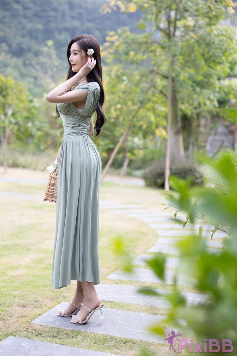 No watermark for in app purchases Wang Xinyao Yanni Bean Green Dress White Swimsuit PixiBB.COM 003