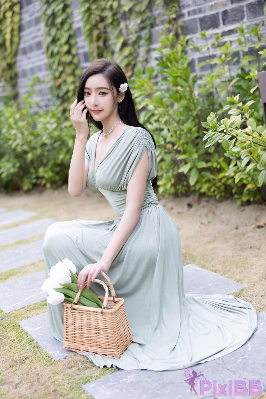 No watermark for in app purchases Wang Xinyao Yanni Bean Green Dress White Swimsuit PixiBB.COM 006