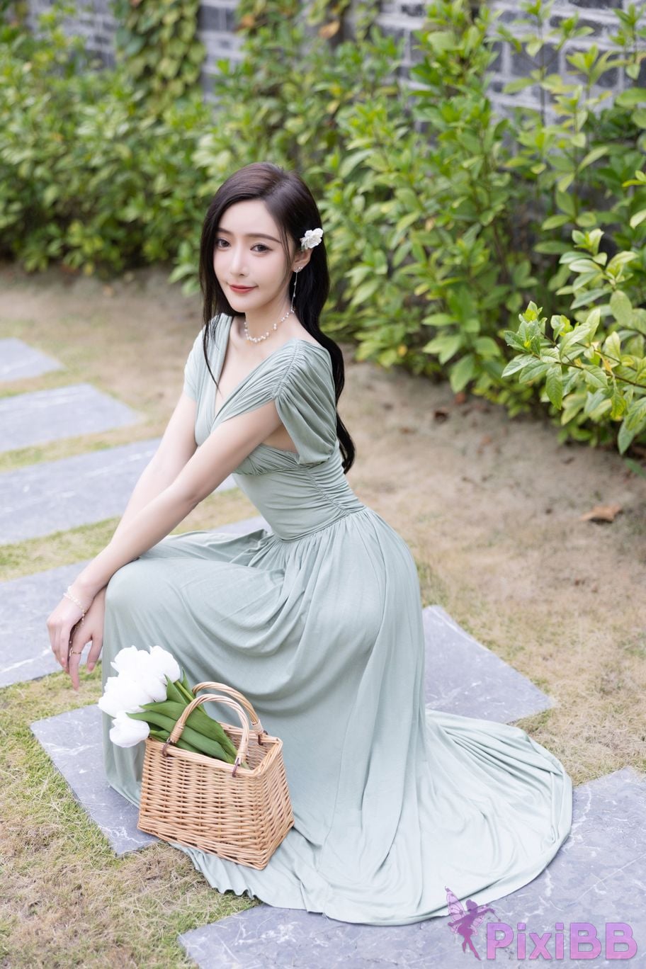 No watermark for in app purchases Wang Xinyao Yanni Bean Green Dress White Swimsuit PixiBB.COM 007