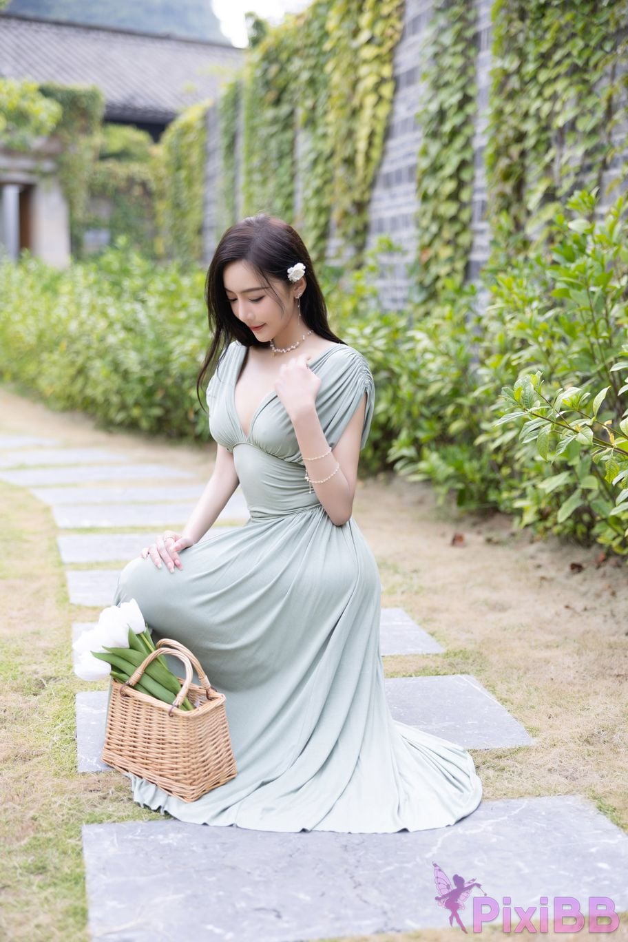 No watermark for in app purchases Wang Xinyao Yanni Bean Green Dress White Swimsuit PixiBB.COM 008